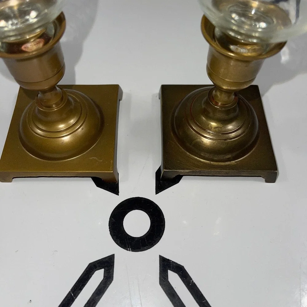 Pair Vintage MCM Brass Candle Holders w/ Glass Chimneys Square Base‎